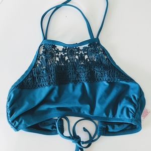 Dark Teal Halter swimsuit top with lace detail